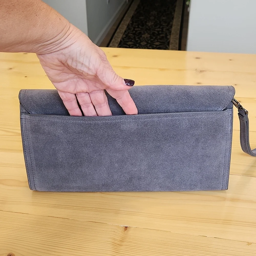 White House Black Market Gray Suede Clutch Wristlet Bag Tassels Envelope - Picture 4 of 13